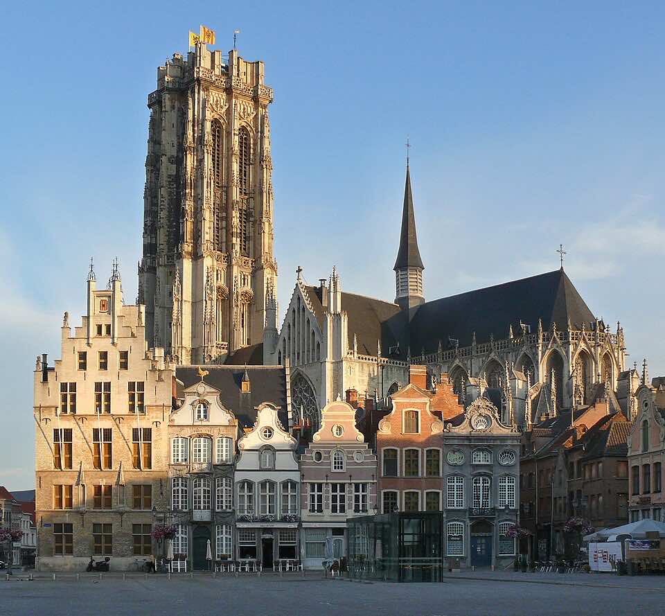 Mechelen Grote Markt with St Rumbold's Cathedral in the background